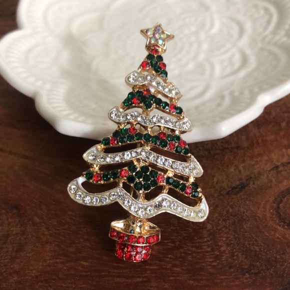 Christmas Tree Brooch Women Holiday Red &Green Rhinestone Brooch Corsages Scarf - Picture 5 of 5